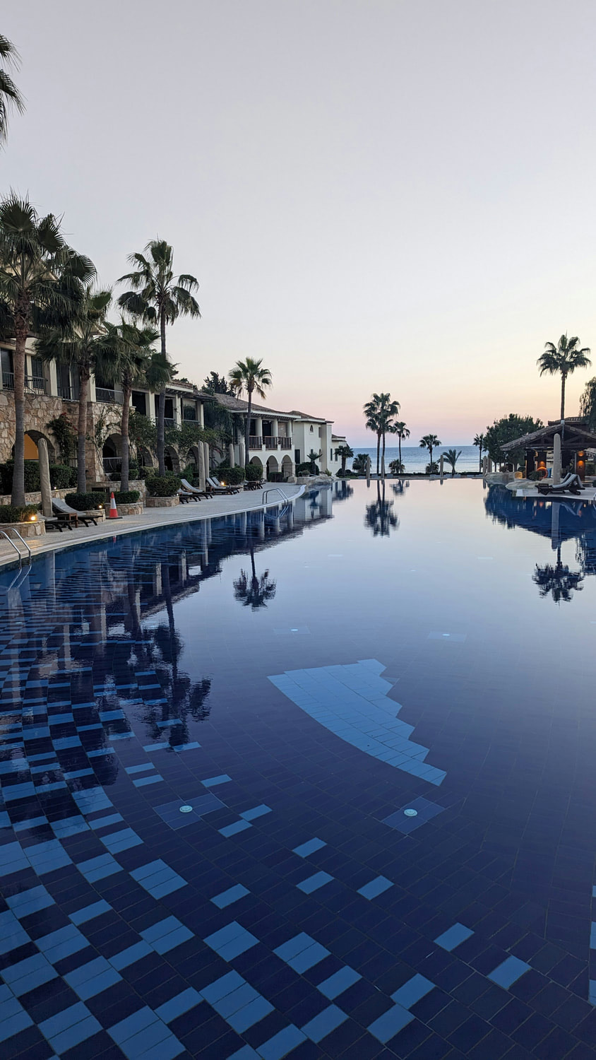 A resort pool at dusk with palm trees and the sea beyond